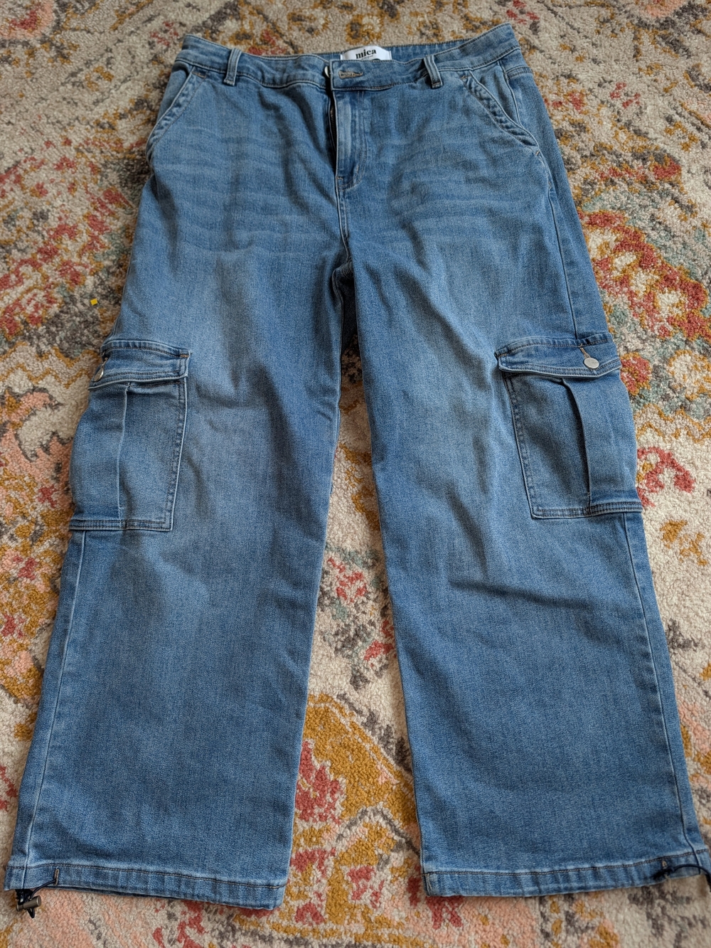 Mica Women's 31 Wide Leg Blue Cargo Jeans Pockets Buttons Loose Fit